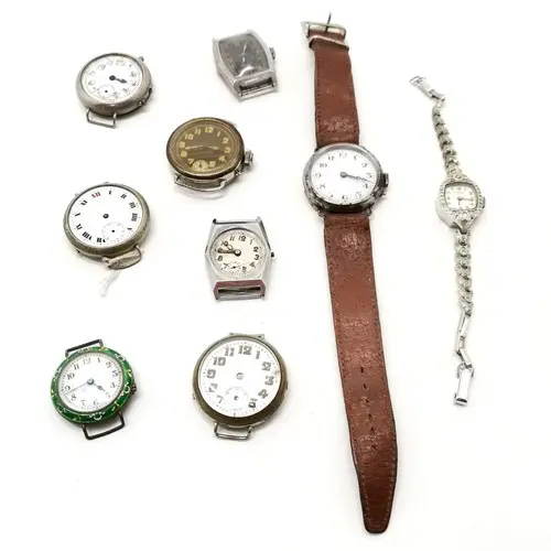 9 x Vintage & Antique Wristwatches inc trench style, green e...