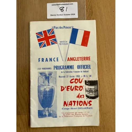 1963 France v England Football Programme: Good condition pro...