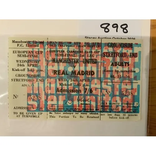 1968 European Cup Semi Final Football Ticket: Complete ticke...