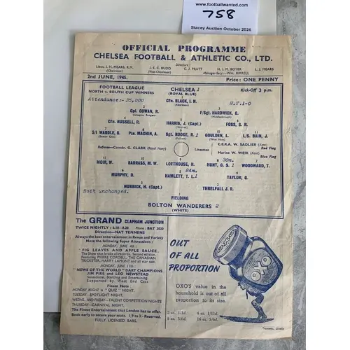 1945 North v South Cup Final Football Programme: Chelsea v B...