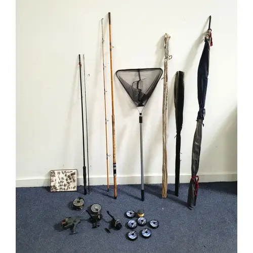 SELECTION OF VINTAGE RODS AND FISHING EQUIPMENT the six rods...