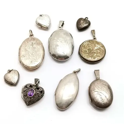 9 x silver lockets inc heart shape set with marcasite & amet...