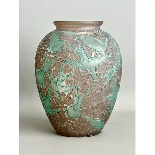 A 1920's Rene Lalique 'Martin Pecheurs' vase - with green an...