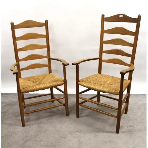 Pair of Cotswold School, ladderback open elbow chairs with r...