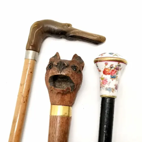 3 x antique walking sticks - carved wooden dog head, horn ca...