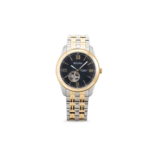A BULOVA AUTOMATIC TWO TONE STAINLESS STEEL WRIST WATCH, bla...
