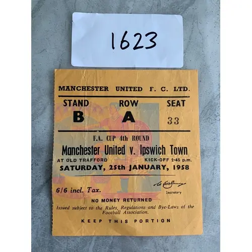 57/58 Manchester United v Ipswich Town FA Cup Football Ticke...
