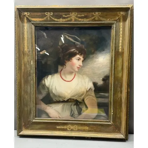 An oil on paper of a victorian lady looking to her left...
