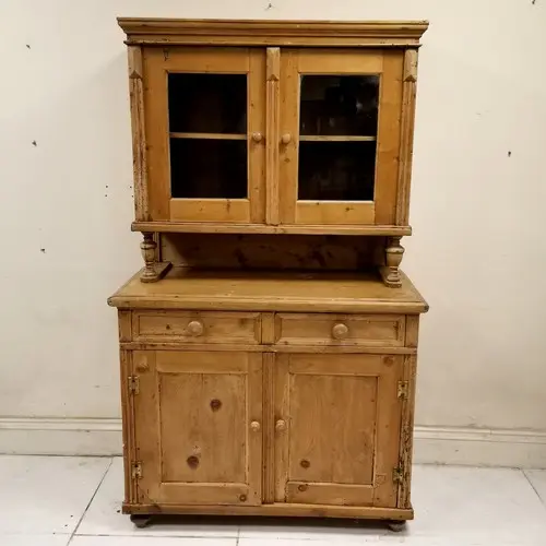 Antique pine dresser with 2 door glazed top and 2 drawer and...