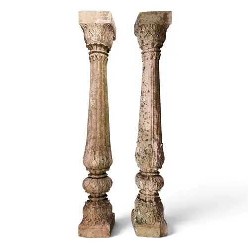 A LARGE PAIR OF RED SANDSTONE COLUMNS NORTHERN INDIA, 18TH C...