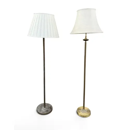 TWO BRASS STANDARD LAMPS Each with shades. 160cm H (largest)...
