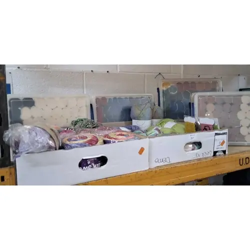 TWO BOXS AND SIX 4 LITRE PLASTIC STORAGE BOXES OF WOOL AND R...