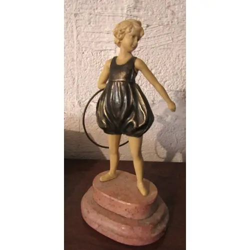 Antique Art Deco Sculpture of Girl with Hoop on Marble Base ...