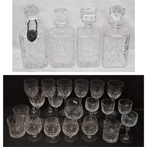 4 Crystal Decanters, some with mismatched stoppers, 1 marked...