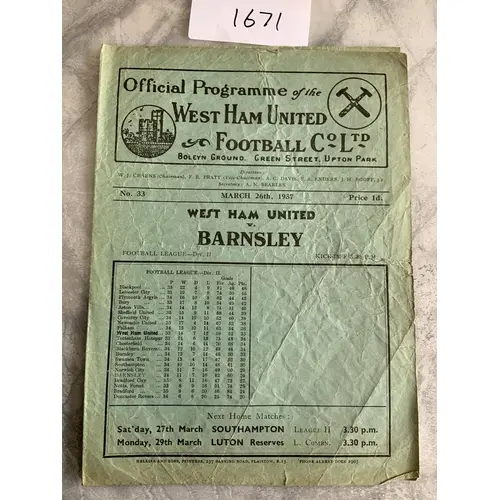 36/37 West Ham v Barnsley Football Programme: Good condition...
