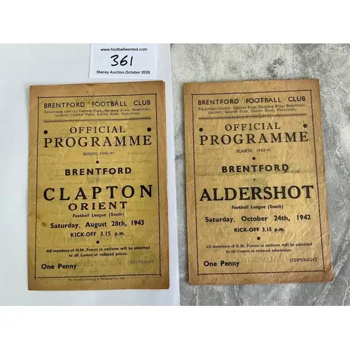 Brentford War Time Home Football Programmes: 42/43 Aldershot...