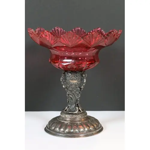Victorian cranberry cut glass pedestal centerpiece, with rep...