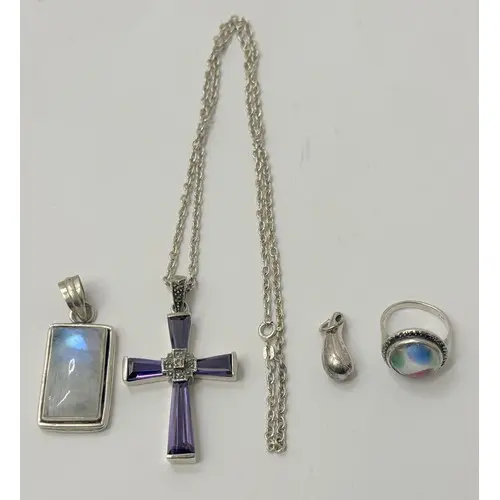 Silver neck chain with silver set amethyst and marcasite cro...
