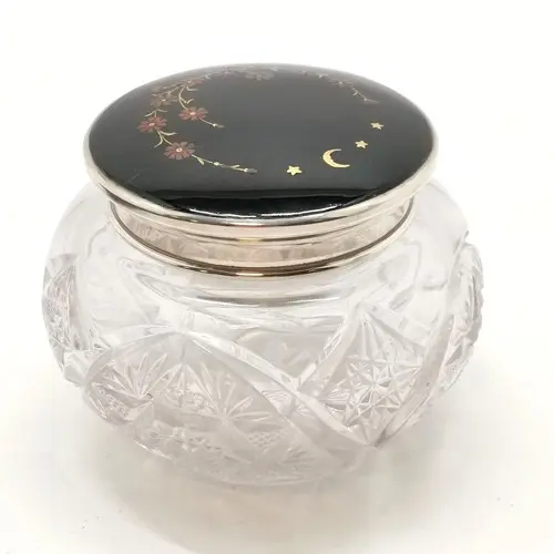 Antique Adie Bros. Ltd silver lidded powder jar with enamell...