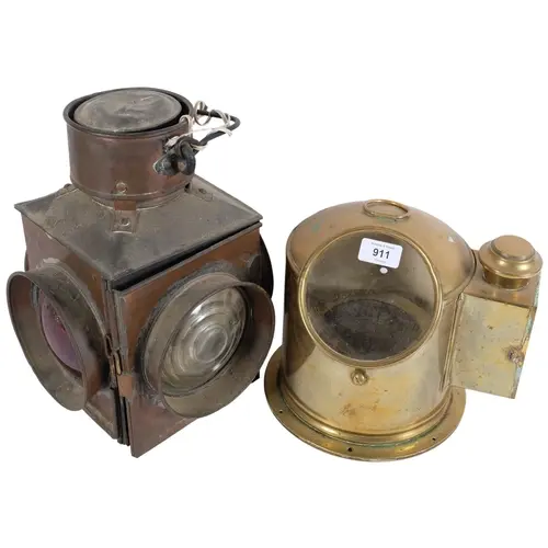 Antique copper ship's lantern with red and clear glass lense...