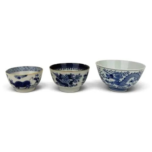 A CHINESE DRAGON BOWL TOGETHER WITH TWO OTHER TEABOWLS Large...