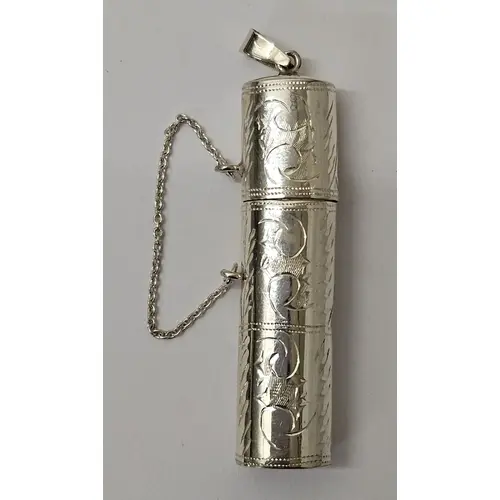 Silver Engraved Rectangular Pin Case with pull off cap, safe...