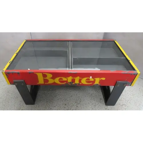 Vintage Upcycled Industrial Coffee Table, glass top, red/yel...