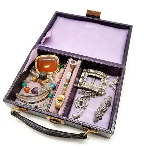 Antique purple leather jewellery box with contents inc antiq...