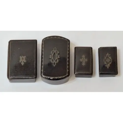 4 Antique Black Lacquered Paper mache pocket snuff/pill boxe...