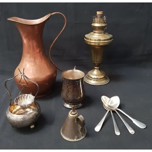 SELECTION OF CAST METAL ITEMS including a copper ewer, four...