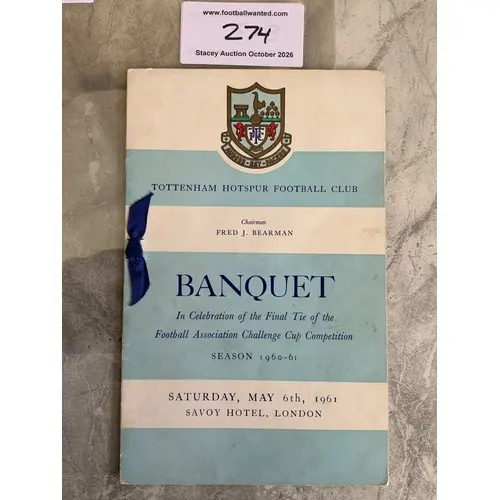 Tottenham 60/61 FA Cup Final Football Menu: Held in London t...