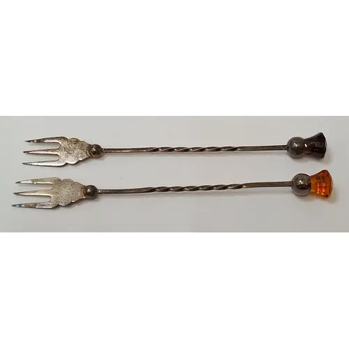 2 Antique Silver Pickle Forks with thistle glass finials hal...