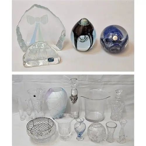 4 Paperweights, tallest approx. 14cm H, Glass & Crystal incl...