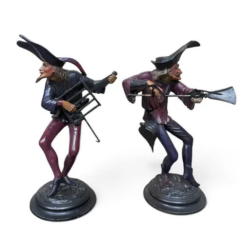 A PAIR OF PAINTED METAL DEVIL CANDLESTICKS Tallest 28cm H...