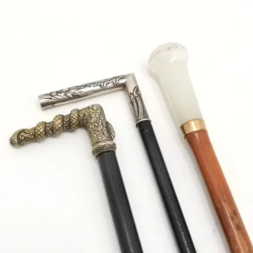 3 x antique walking sticks inc snake detailed, & hardstone h...