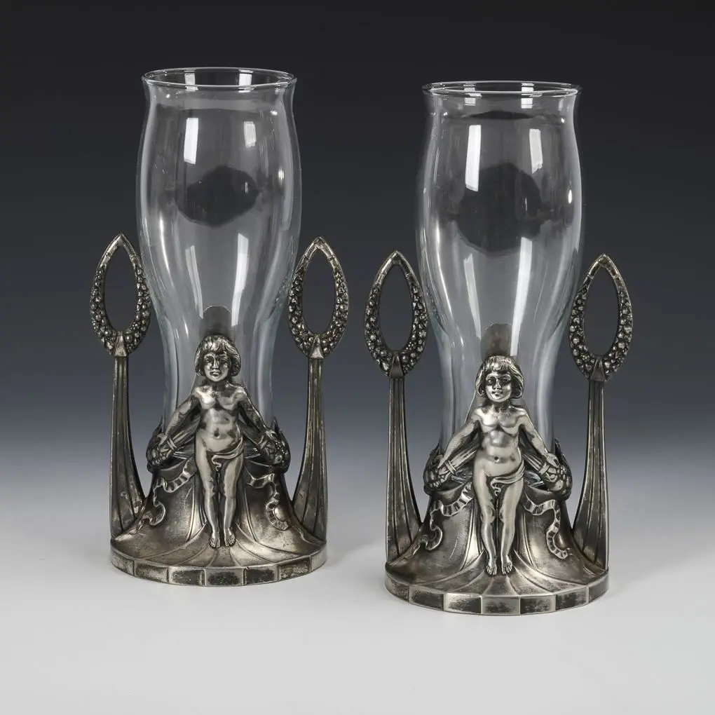 Pair of figurative Art Nouveau vases. WMF.