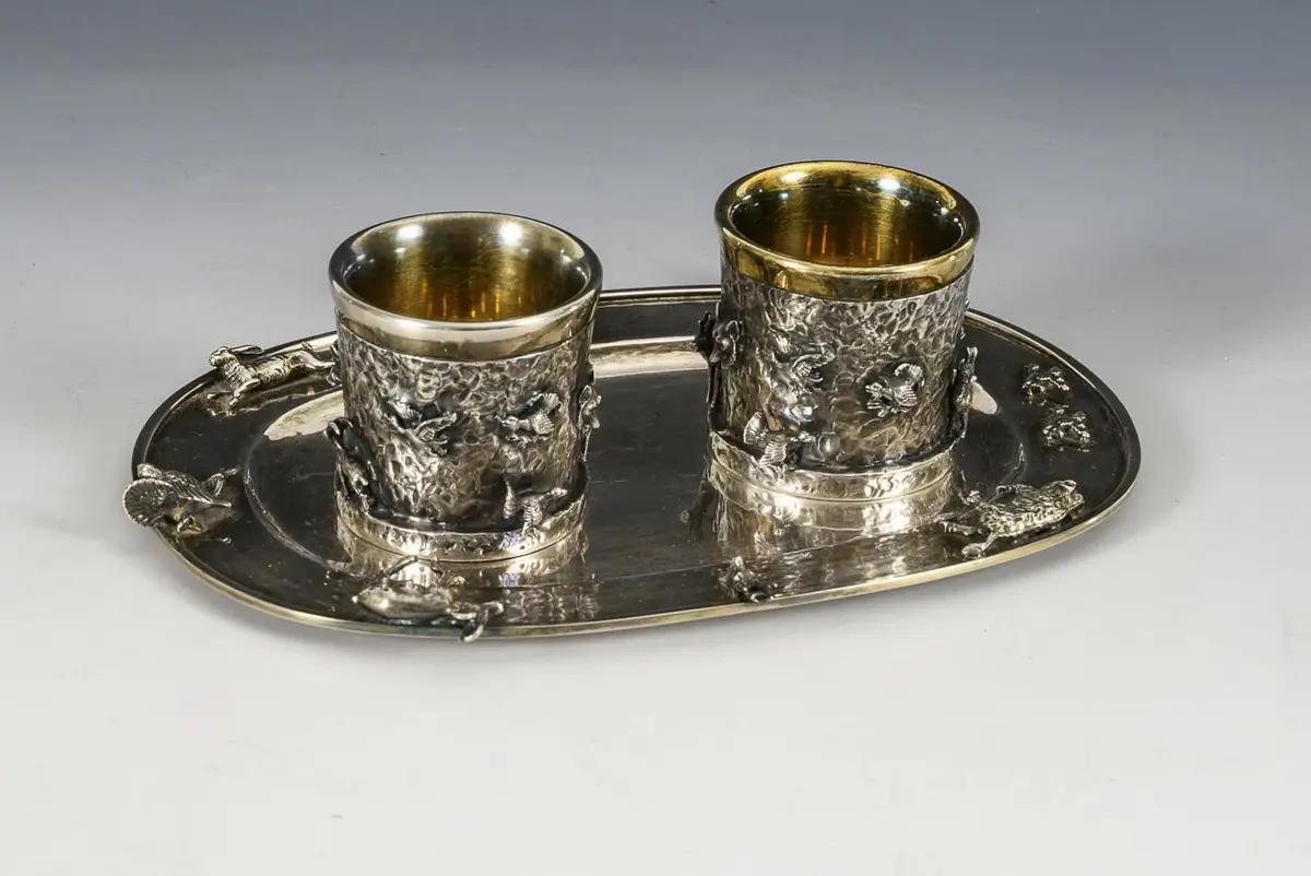 Unique hunting-themed drinking set. Emil Hermann, Waldstetten.