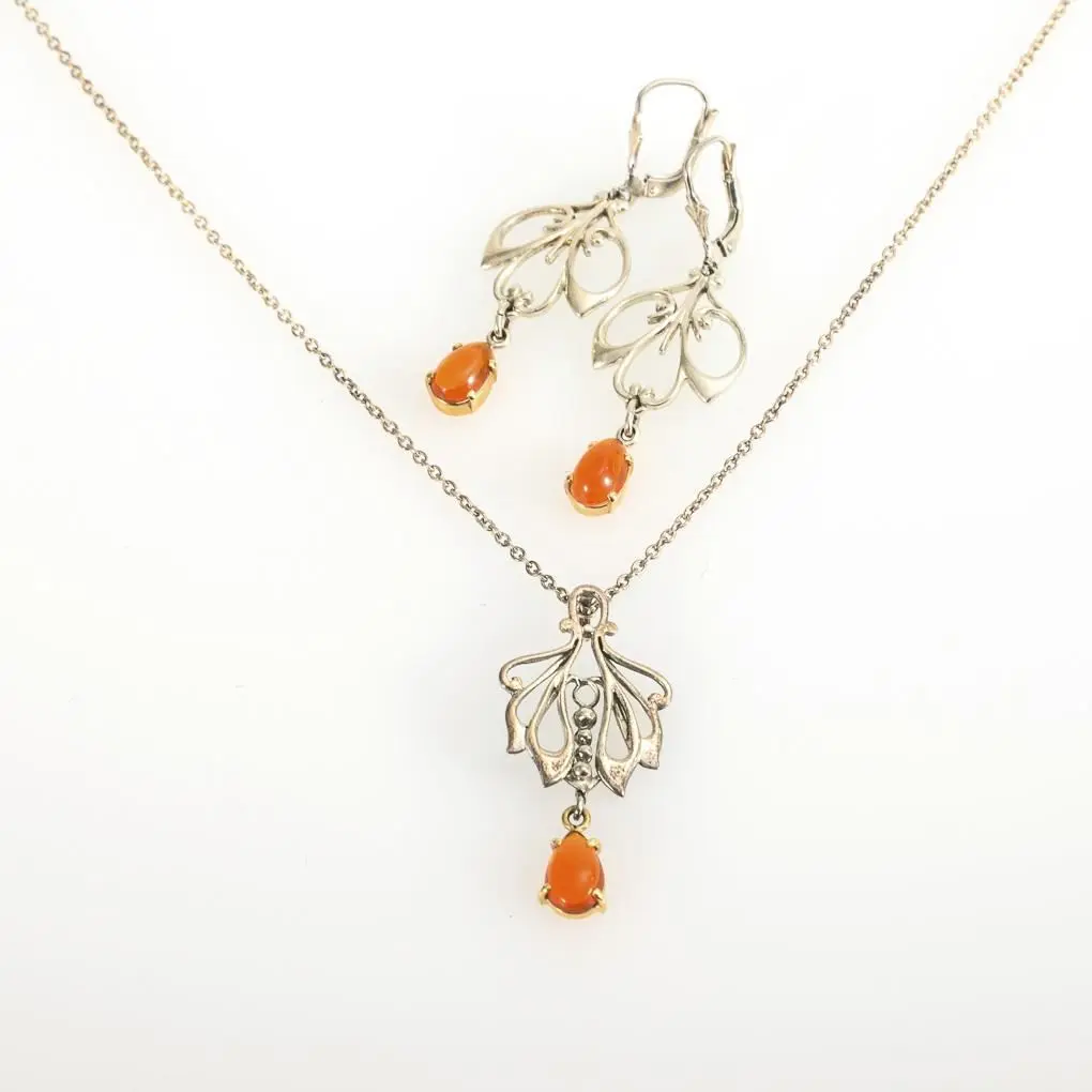 Fire opal set: dangling earrings and necklace.