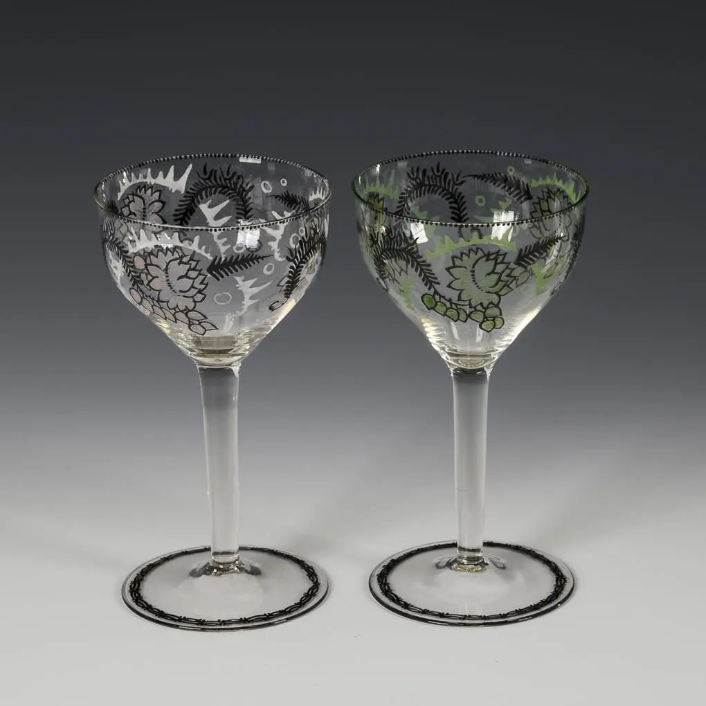 Pair of Art Deco wine glasses with enamel painting. Emmy Seyfried.