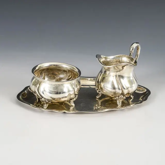 Silver sugar and cream set on a tray. Jakob Grimminger, Schwäbisch Gmünd.
