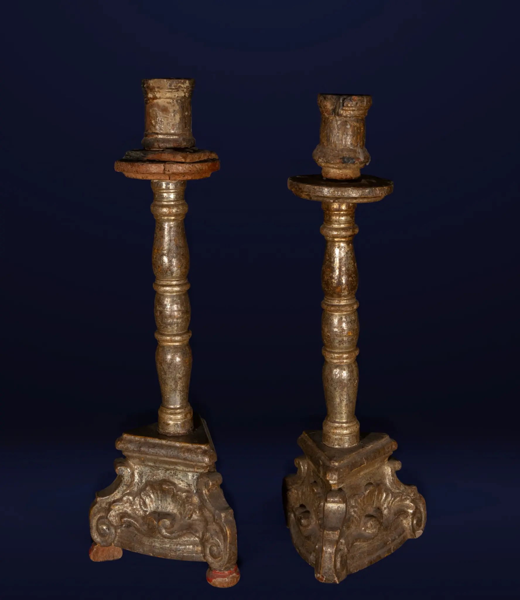 Pair of large 17th-century Mallorcan candlesticks in silver leaf