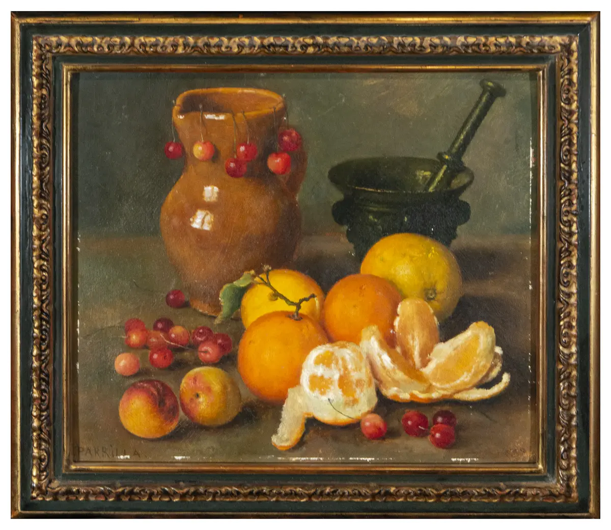 Still life with fruit, earthenware jug and mortar – Spanish School