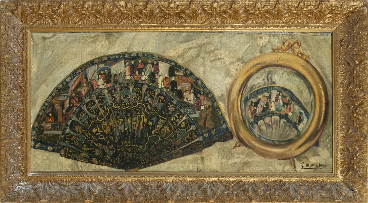 Oriental fan and mirror. Signed G. Morcillo. Spanish School. 20th century.