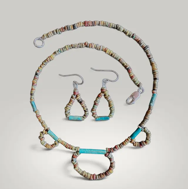Set of necklace and earrings made of ancient Egyptian faience beads.