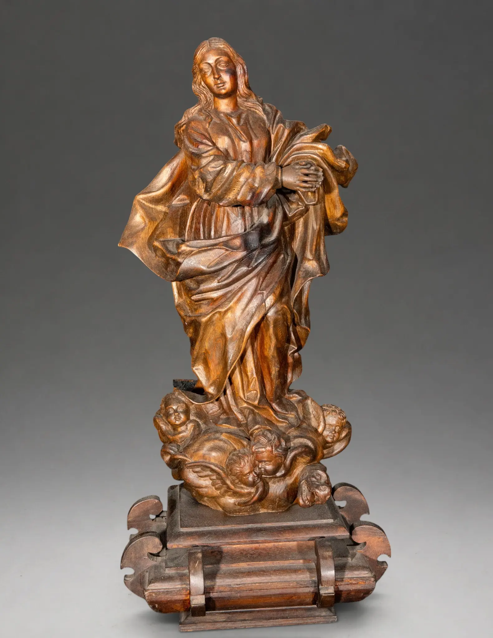 Immaculate Virgin Mary in wood in its natural color – Spanish Baroque School