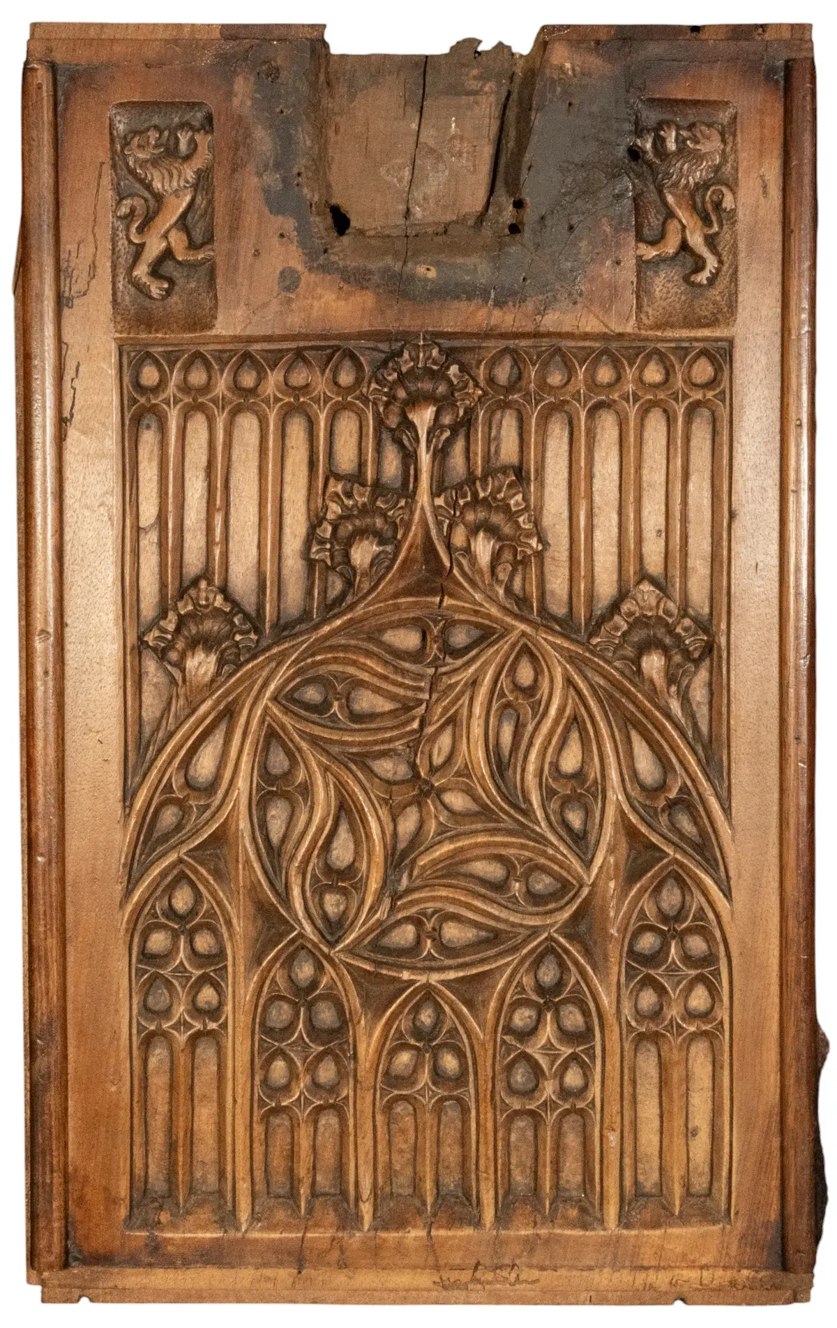 Large English Tudor Gothic Fragment in Oak with Lions, Medieval European