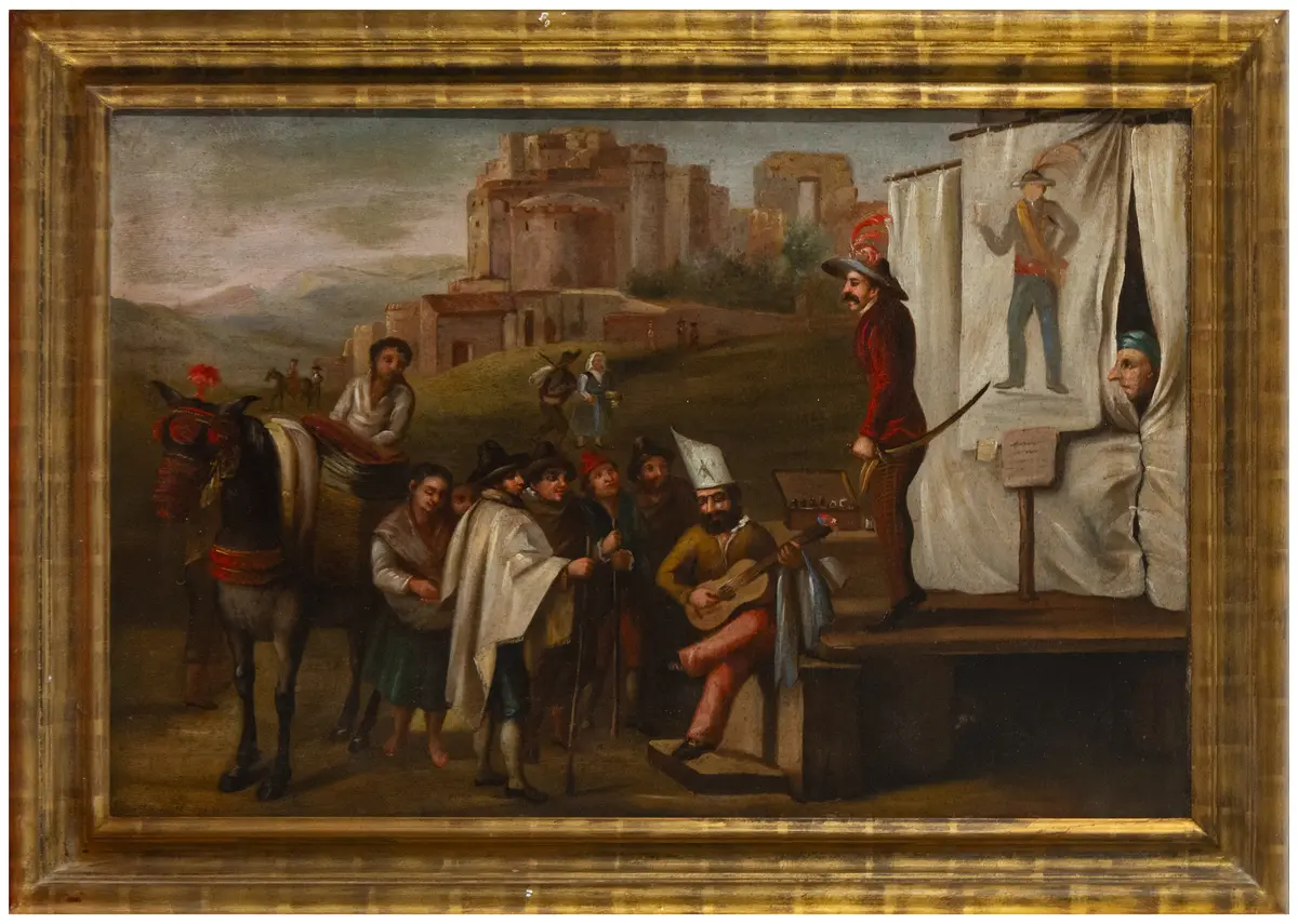 Scene of street performers in front of a fortress – Spanish School