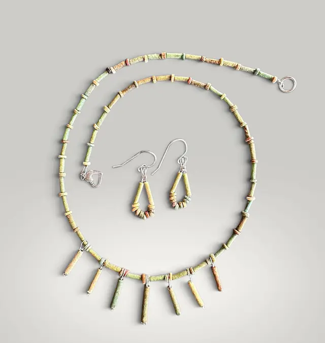 Set of necklace and earrings made of ancient Egyptian faience beads.