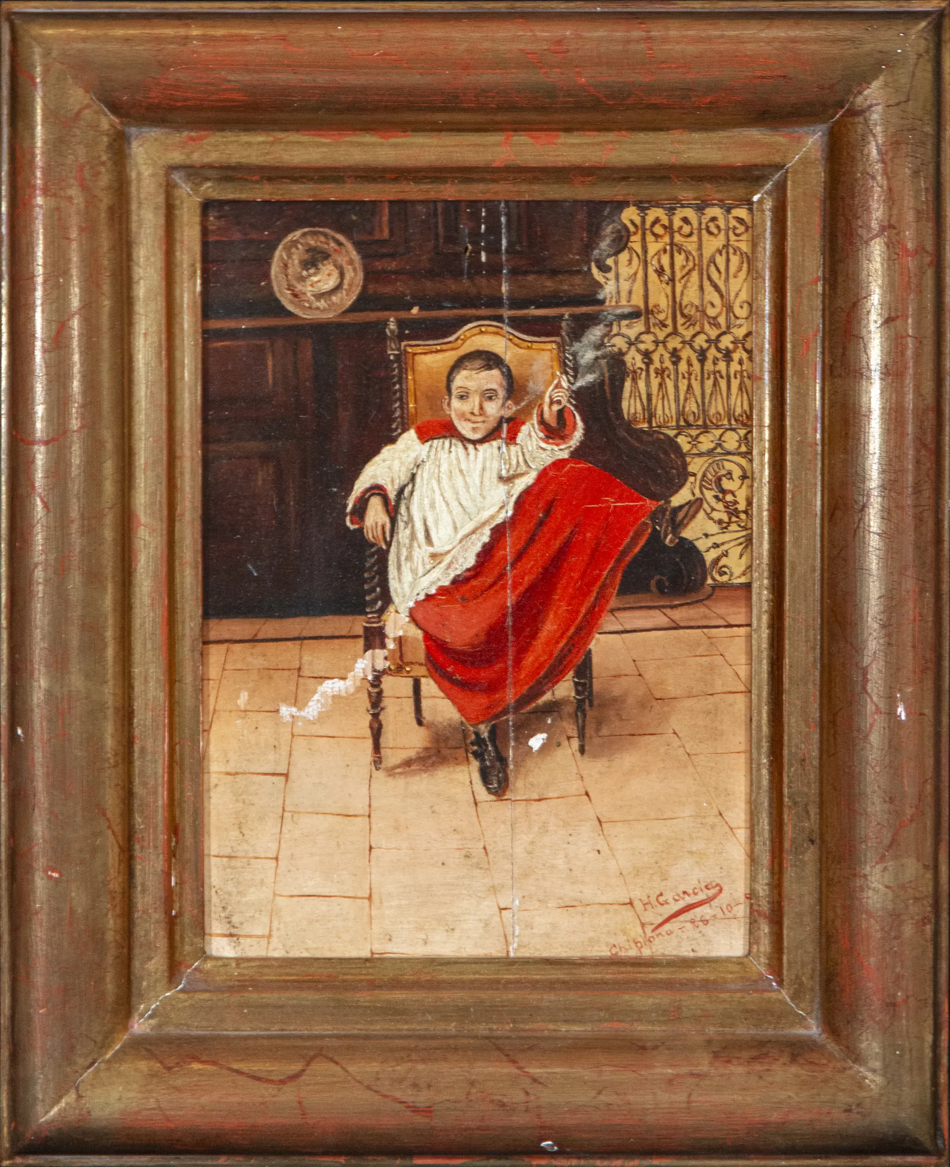 Altar boy seated in an armchair. H. Garcia - Chipiona. Spanish genre
