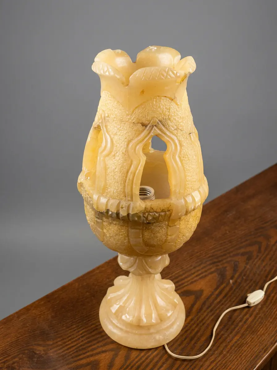 Impressive alabaster lamp with floral motifs, Spain, 20th century